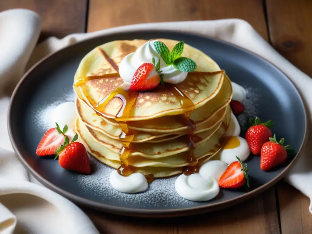 Deliciosos crepes sin gluten con fresas, crema batida y miel en un plato rústico