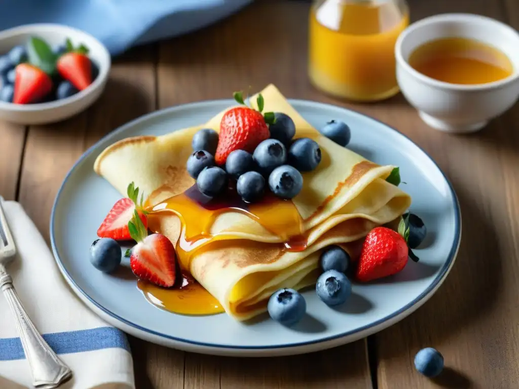 Deliciosos crepes sin gluten con fresas, arándanos y miel, en un escenario encantador