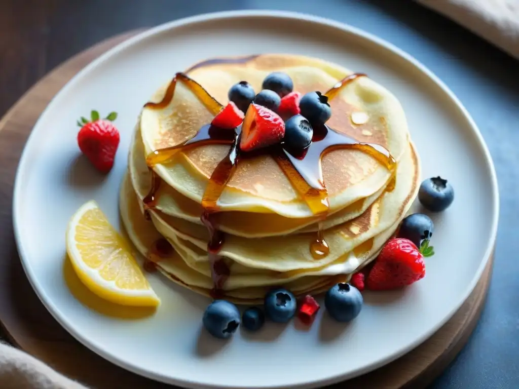 Deliciosos crepes sin gluten con bayas frescas y sirope de arce en un elegante plato blanco, detalle exquisito