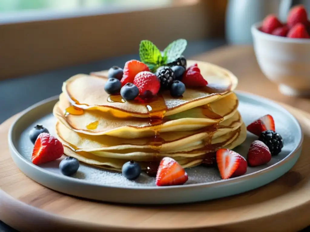 Deliciosos crepes sin gluten con bayas frescas y miel en un plato de madera en cocina acogedora