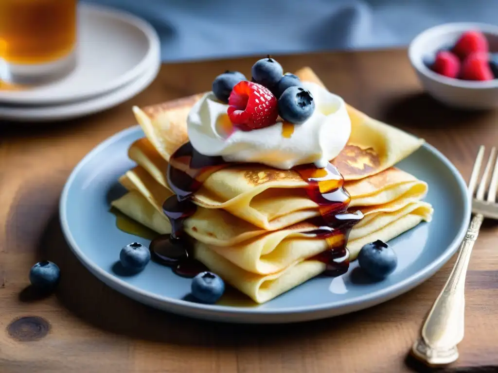 Deliciosos crepes sin gluten con bayas frescas y jarabe de arce en mesa de madera rústica