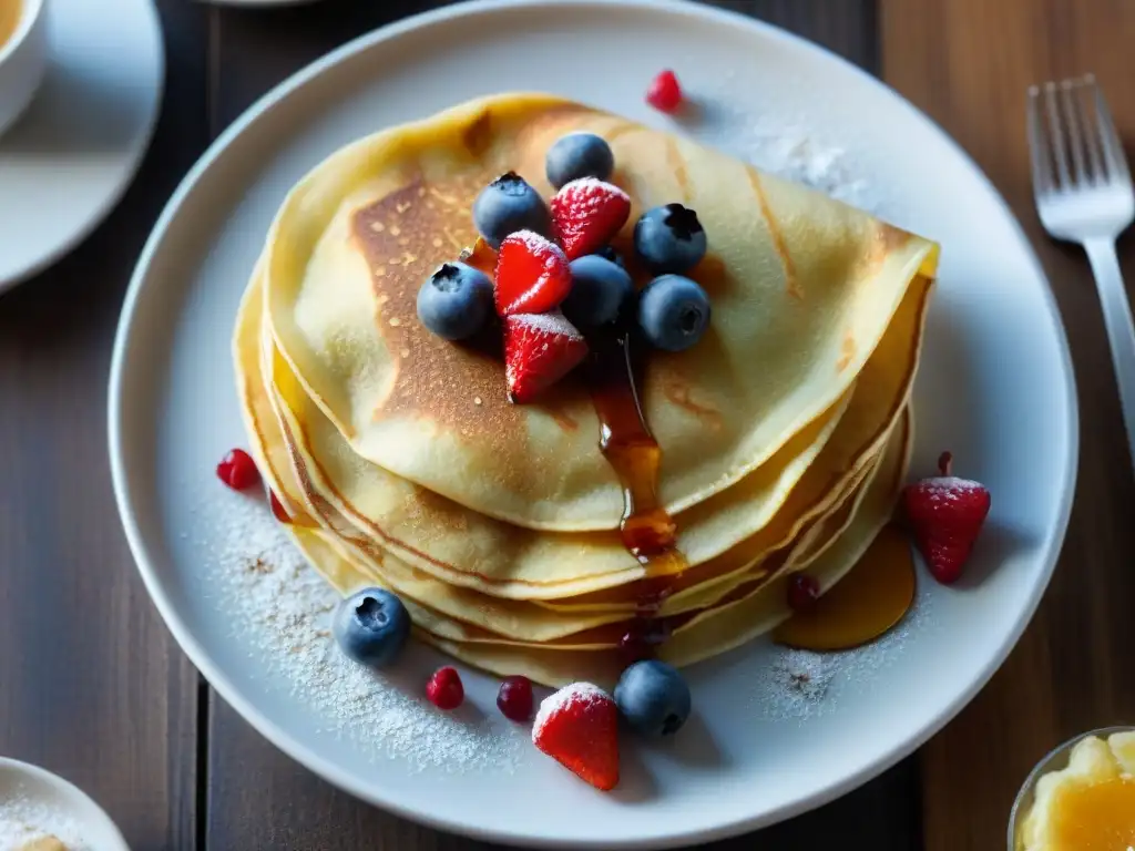 Deliciosos crepes sin gluten con bayas frescas, azúcar glass y sirope de arce en plato blanco sobre fondo de madera rústico