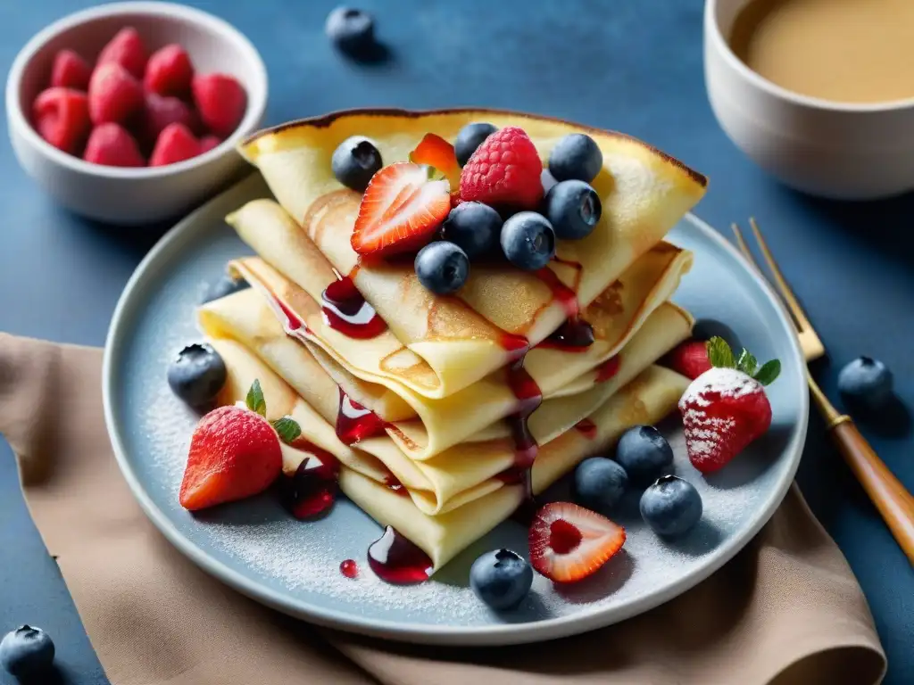 Deliciosos crepes sin gluten con bayas frescas y miel dorada en una presentación tentadora en una mesa de madera rústica