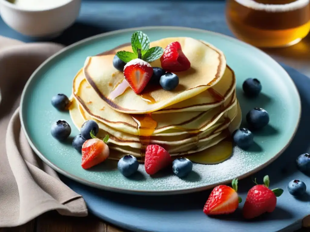 Deliciosos crepes sin gluten con frutas y crema, en mesa rústica - Recetas crepes sin gluten harina