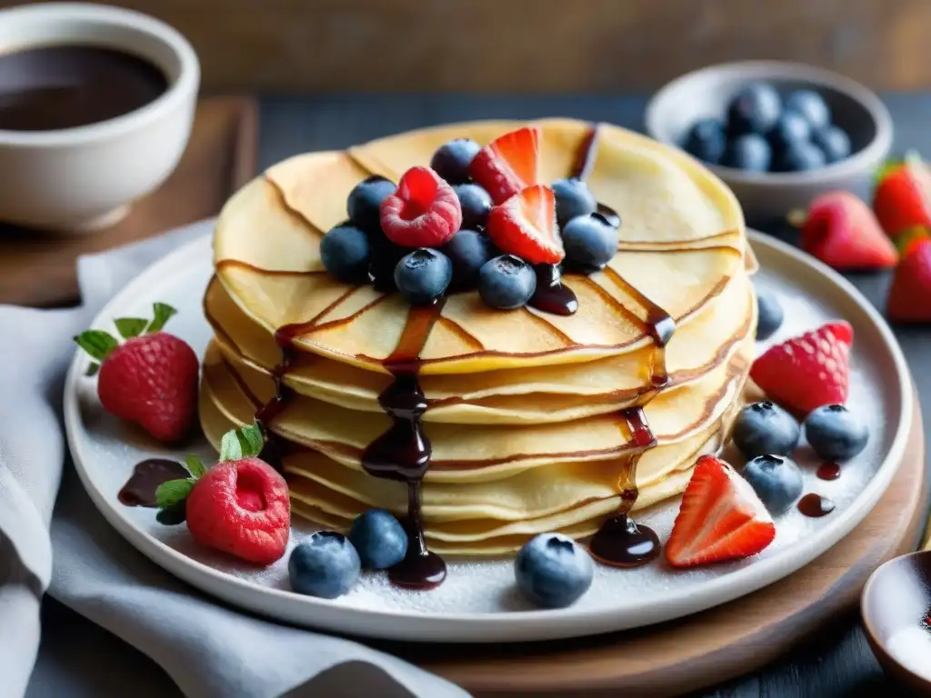 Deliciosos crepes sin gluten con frutas y chocolate en plato rústico