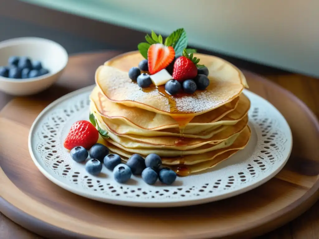 Deliciosos crepes sin gluten con frutas frescas y miel en una bandeja de desayuno de madera rústica