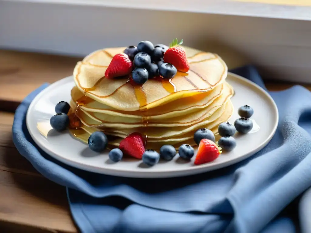 Deliciosos crepes sin gluten con frutas y miel sobre mesa de madera al amanecer