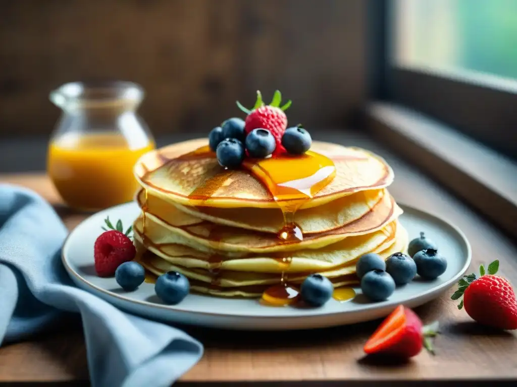 Deliciosos crepes sin gluten con bayas y miel, en mesa rústica con ingredientes