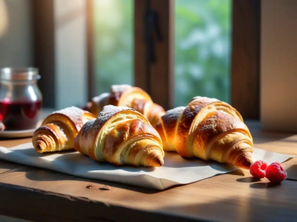 Deliciosos croissants sin gluten en mesa rústica con frutas frescas y mermelada artesanal, bañados en luz matutina