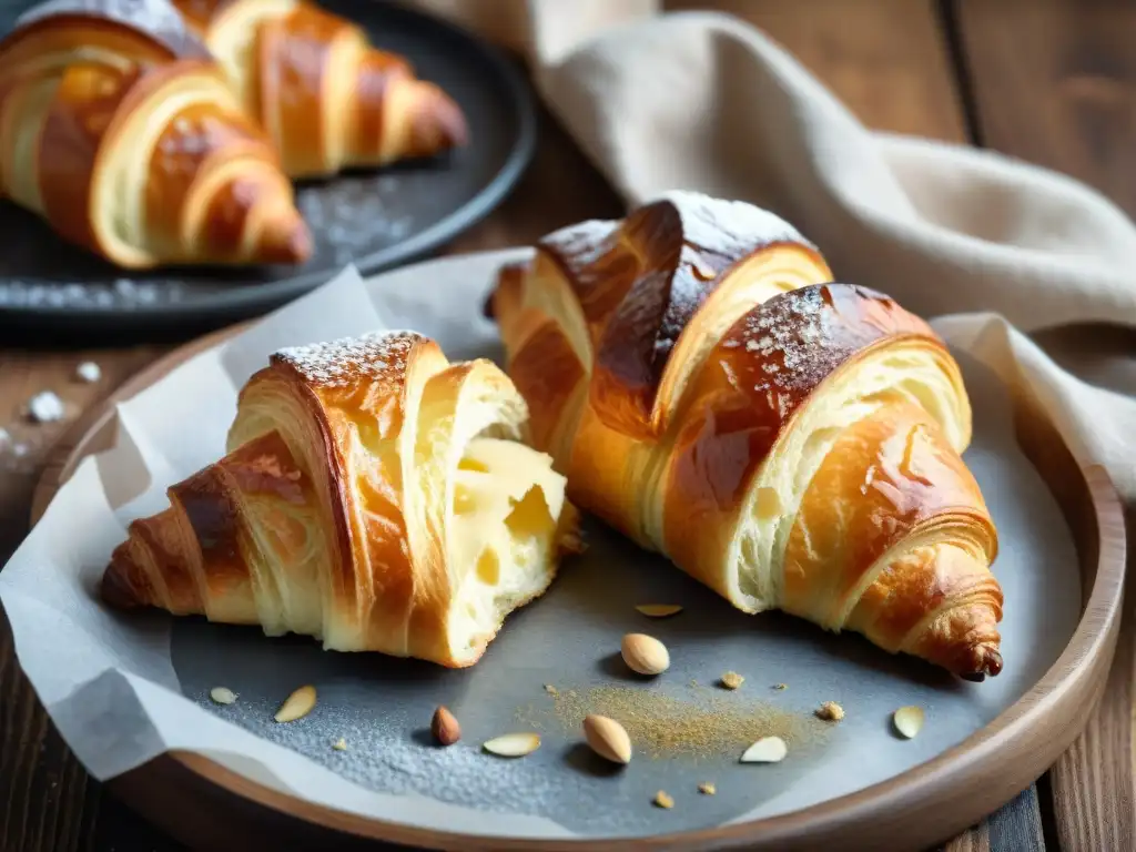 Deliciosos croissants sin gluten recién horneados en una bandeja dorada, con mantequilla y almendras, creando una atmósfera cálida y acogedora