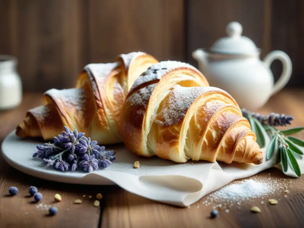 Deliciosos croissants sin gluten recién horneados en mesa de madera rústica, con toque de almendras y lavanda