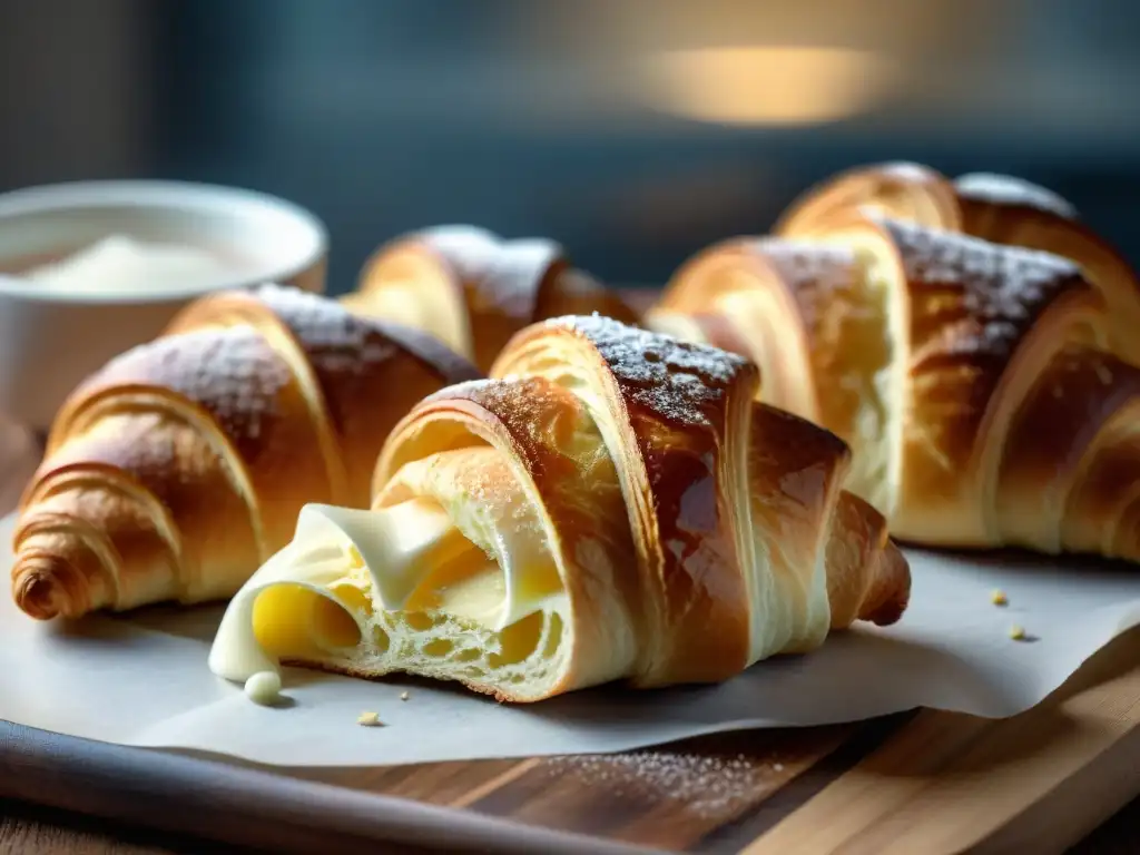 Deliciosos croissants sin gluten recién horneados en tabla de madera rústica