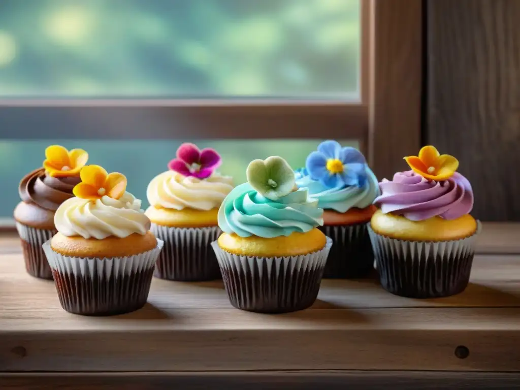 Deliciosos cupcakes sin gluten creativos en mesa de madera, decorados con colores vibrantes y detalles intrincados