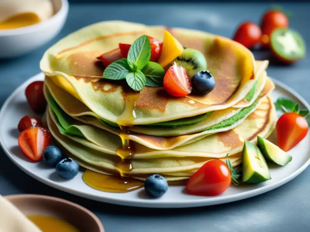 Deliciosos desayunos veganos sin gluten energía: crepes de garbanzo dorados con toppings coloridos y sabrosos