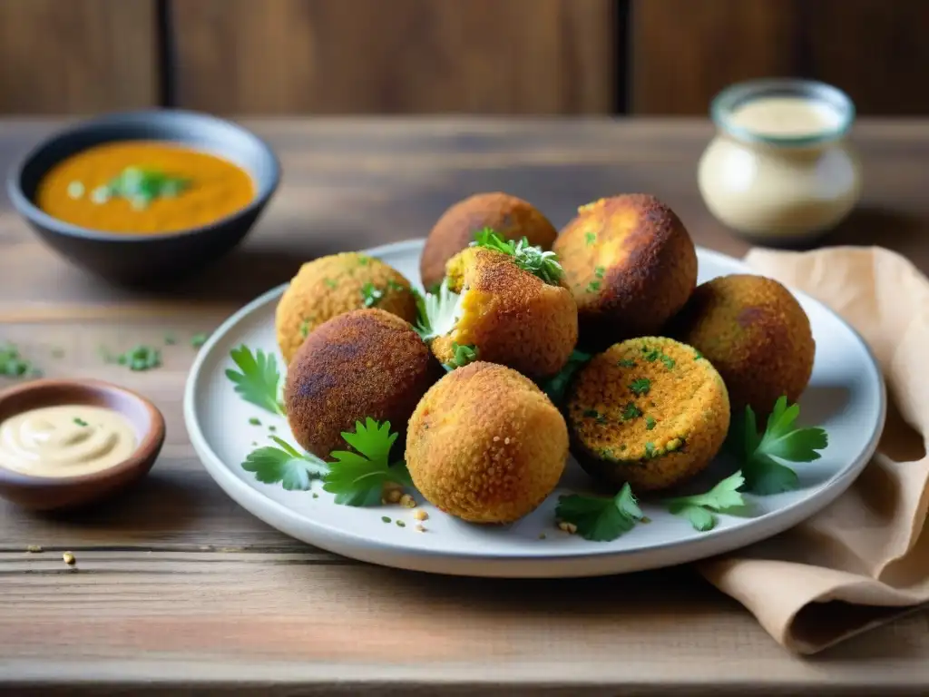 Deliciosos falafel dorados y crujientes, acompañados de hierbas frescas y salsa tahini, sobre una mesa rústica