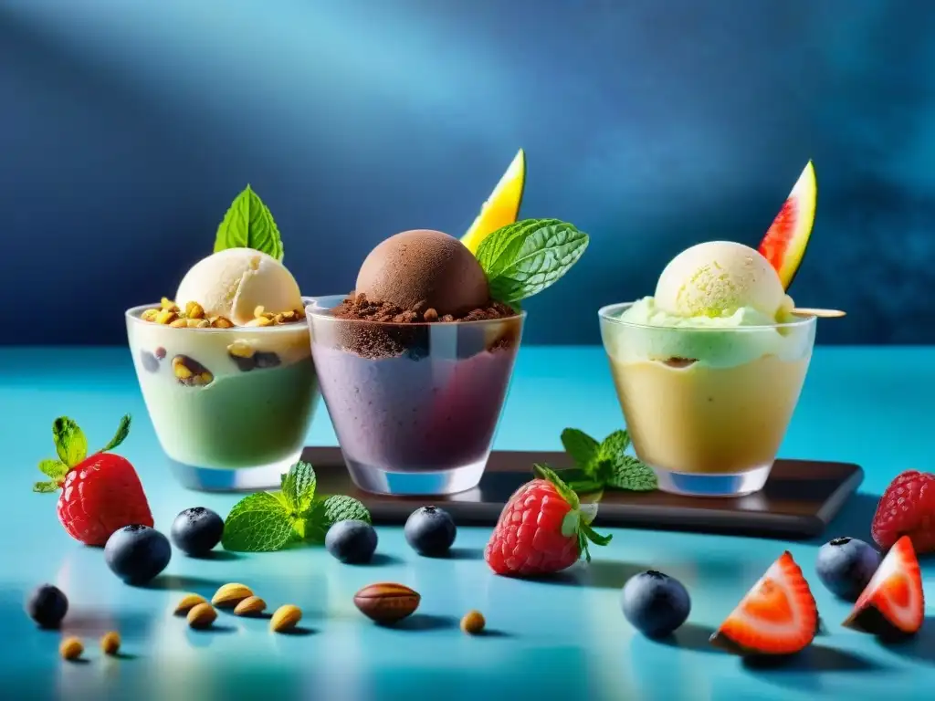 Deliciosos helados caseros sin gluten en elegantes copas, decorados con frutas frescas, frutos secos y hojas de menta en una cocina soleada