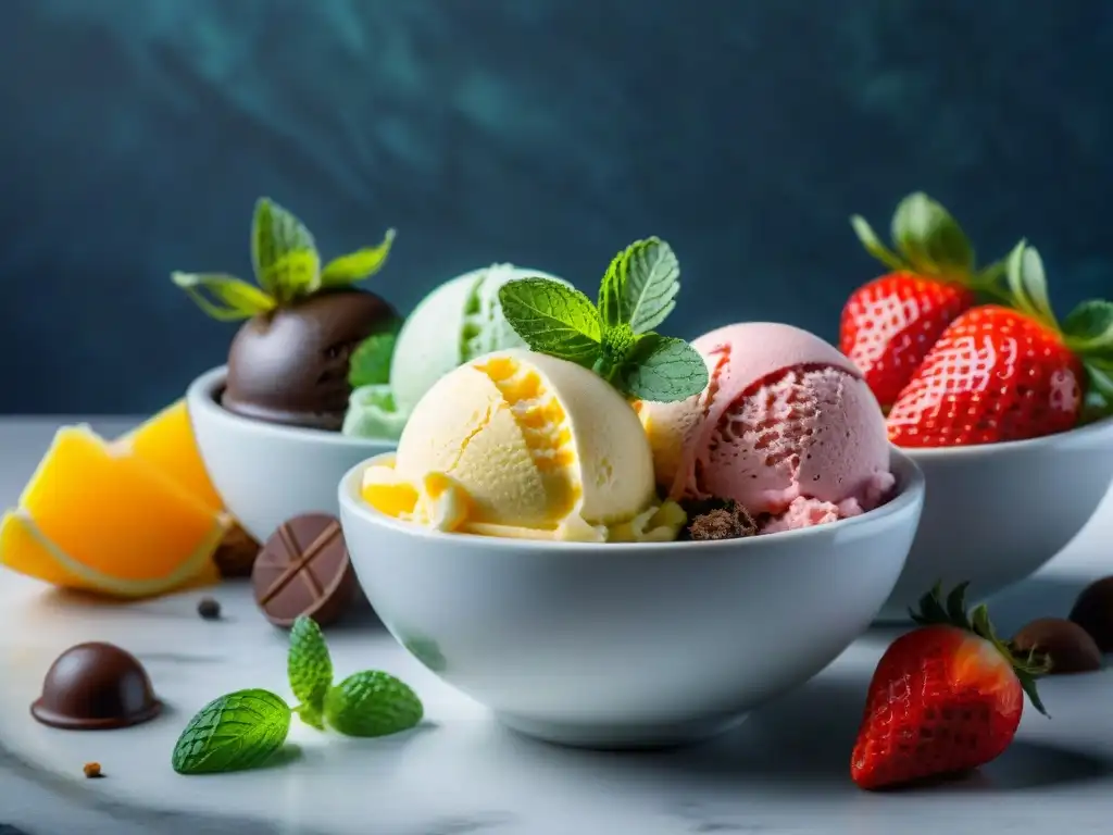 Deliciosos helados caseros sin gluten en cuenco de cristal, adornados con frutas y nueces en un elegante mostrador de mármol, en un soleado jardín de verano