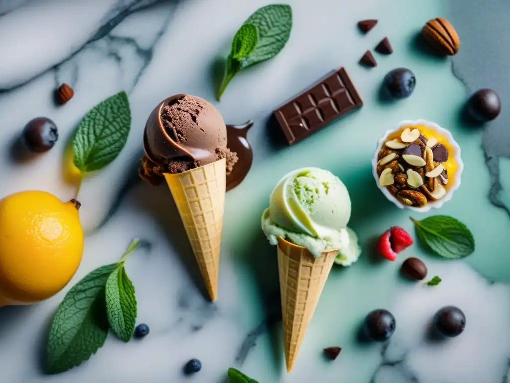 Deliciosos helados caseros sin gluten decorados con frutas frescas y chispas de chocolate, sobre mármol con hojas de menta