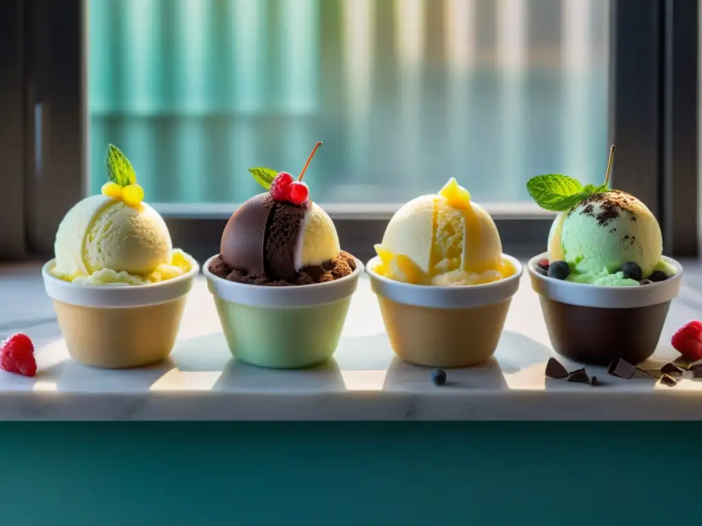 Deliciosos helados caseros sin gluten innovador en elegantes cuencos de cristal, adornados con menta fresca y bayas vibrantes