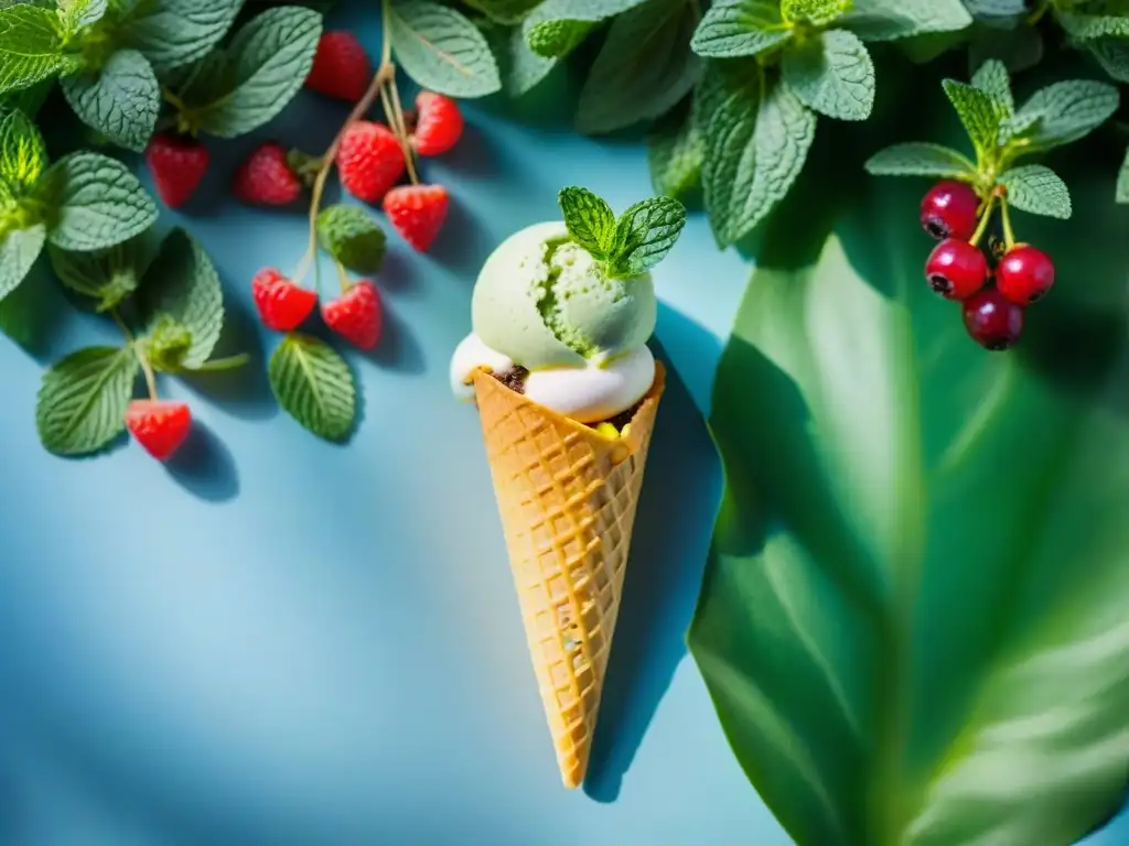 Deliciosos helados caseros sin gluten en conos coloridos con bayas y hojas de menta en un jardín de verano soleado