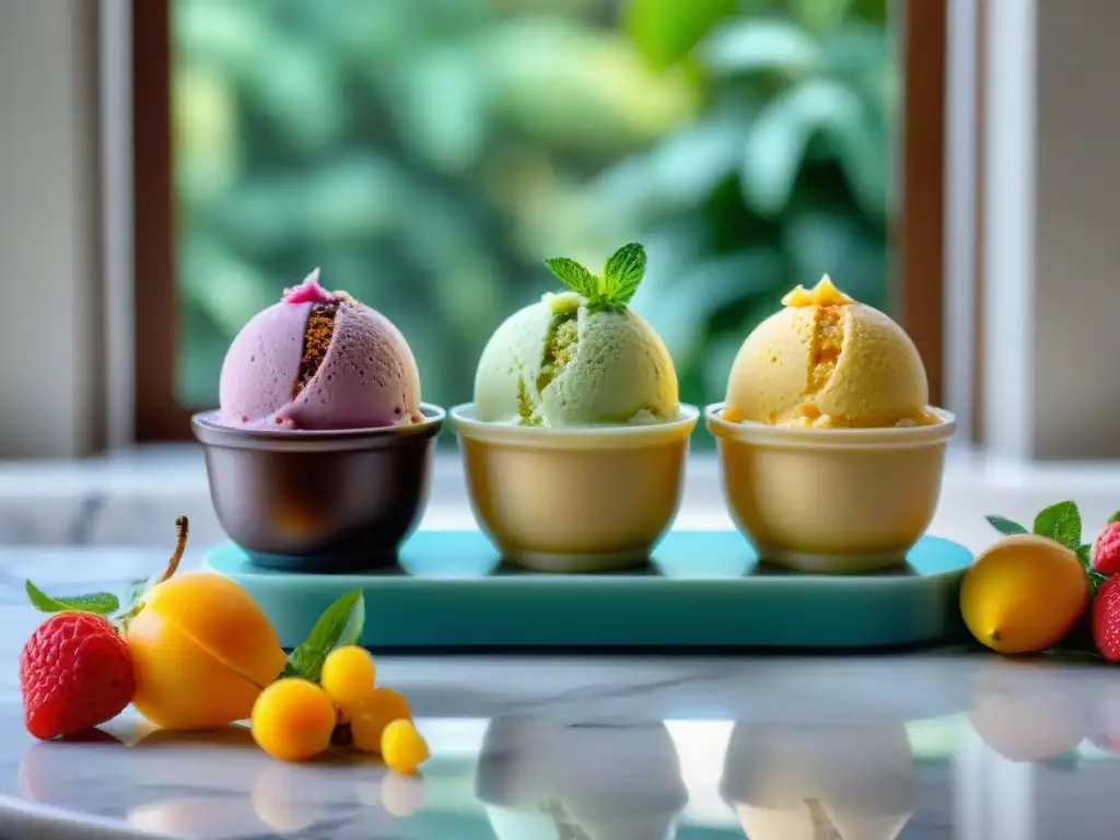 Deliciosos helados sin gluten caseros con frutas, nueces y chocolate en elegantes tazones de vidrio en una cocina soleada