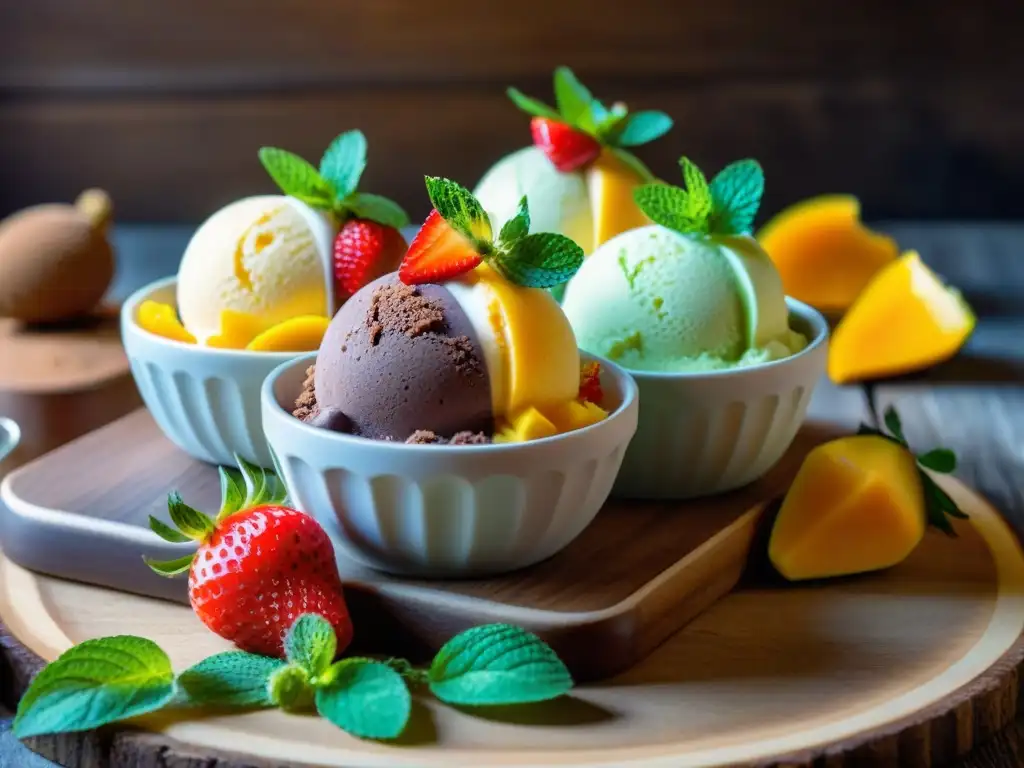 Deliciosos helados sin gluten con frutas frescas y colores vibrantes en mesa rústica Deliciosos helados sin gluten caseros rodeados de frutas frescas y adornos, evocando un ambiente veraniego y refrescante