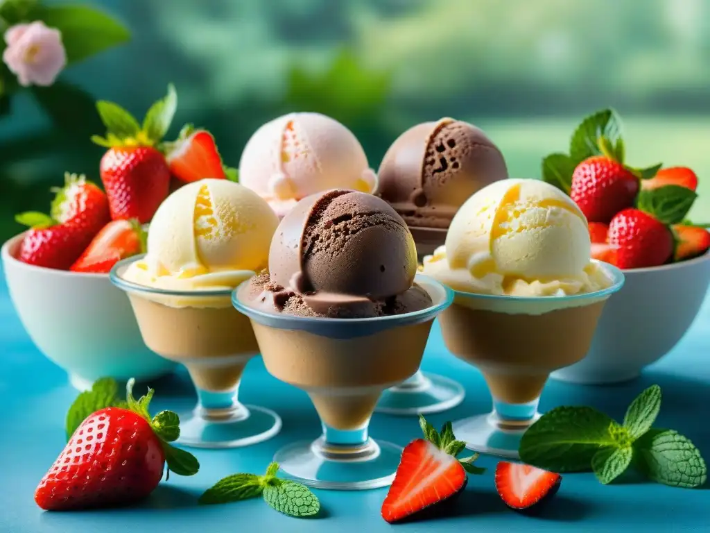 Deliciosos helados sin gluten caseros en bol de cristal, decorados con frutas y hojas de menta, en un jardín soleado