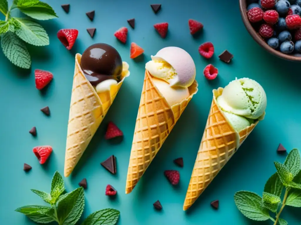 Deliciosos helados sin gluten caseros decorados con frutas y chocolate en un jardín soleado