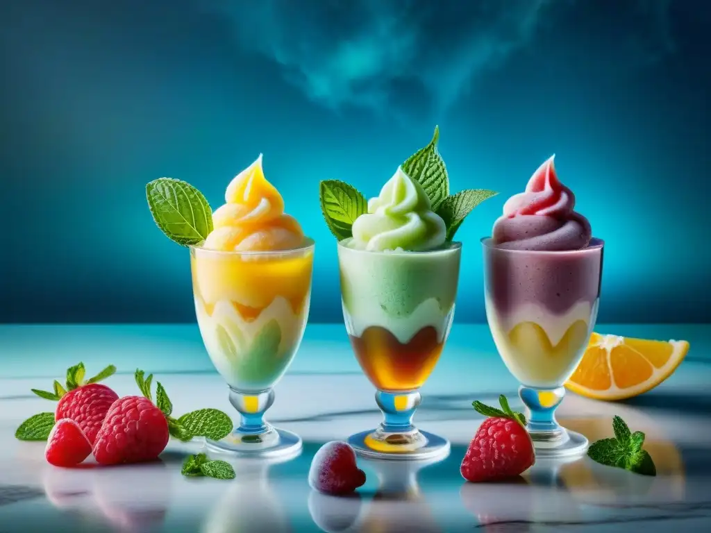Sorbets y helados caseros sin gluten: un festín fresco y colorido Deliciosos helados sin gluten caseros en elegantes recipientes de cristal en una encimera de mármol, decorados con frutas frescas y menta