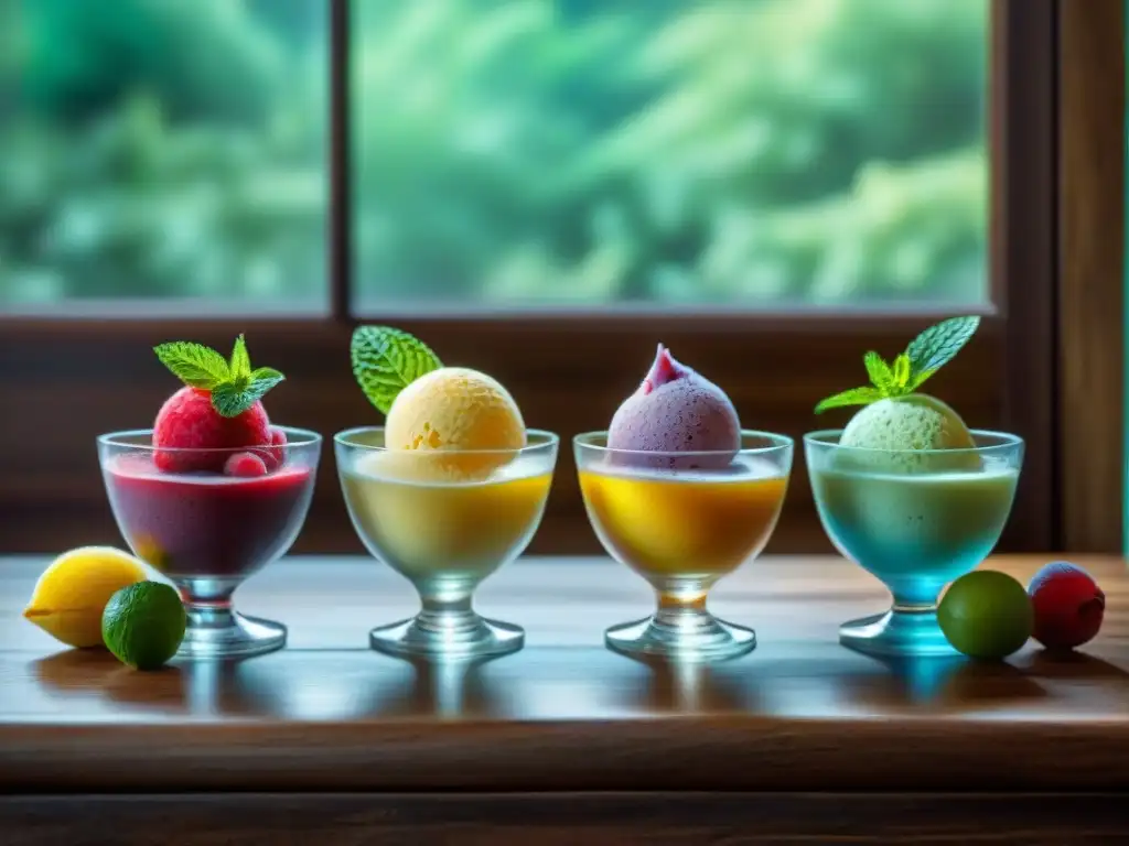 Sorbets y helados sin gluten: frescura artística en vidrio Deliciosos helados sin gluten caseros en elegantes boles de cristal, decorados con frutas frescas y hojas de menta, sobre una mesa de madera rústica con luz solar filtrándose a través de la ventana