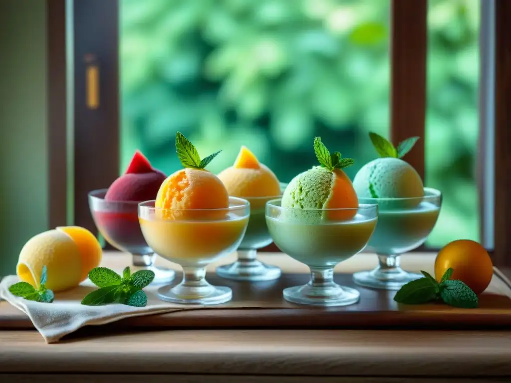 Deliciosos sorbetes y helados sin gluten en elegantes tazones de vidrio Deliciosos helados sin gluten caseros en elegantes cuencos de vidrio con frutas frescas y hojas de menta, sobre una mesa de madera rústica iluminada naturalmente