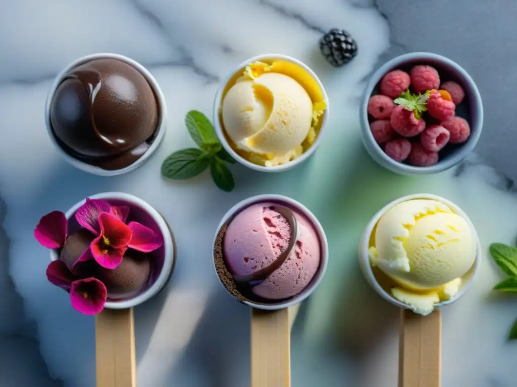 Sabrosos helados caseros sin gluten en mármol Deliciosos helados sin gluten caseros en variados sabores, presentados con elegancia en mármol