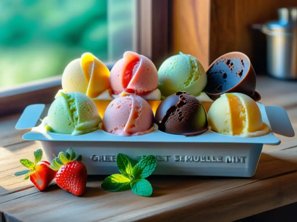 Deliciosos helados caseros sin gluten en mesa rústica Deliciosos helados sin gluten caseros en una mesa rústica con sabores variados y coloridos, bañados en luz solar