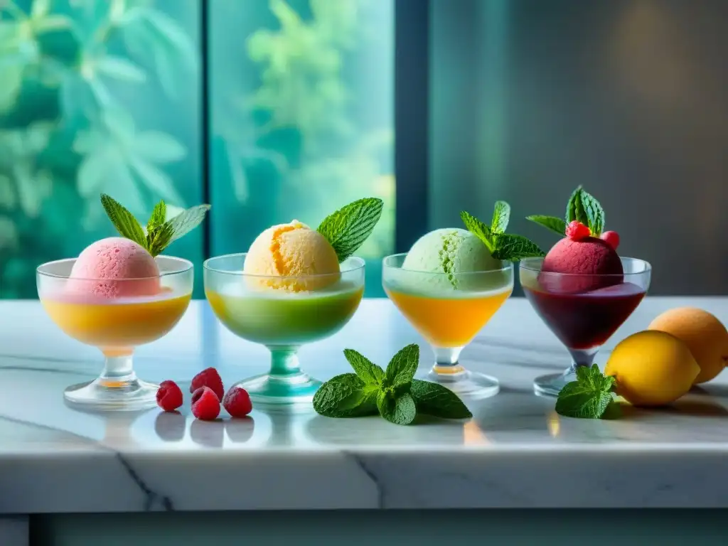 Sabrosos helados sin gluten: deleite refrescante y colorido Deliciosos helados sin gluten caseros en elegantes copas con frutas frescas y menta, sobre mármol iluminado naturalmente