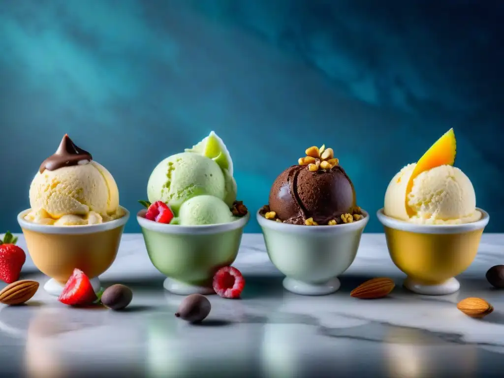 Deliciosos helados sin gluten caseros con frutas y frutos secos en cuencos de vidrio sobre encimera de mármol