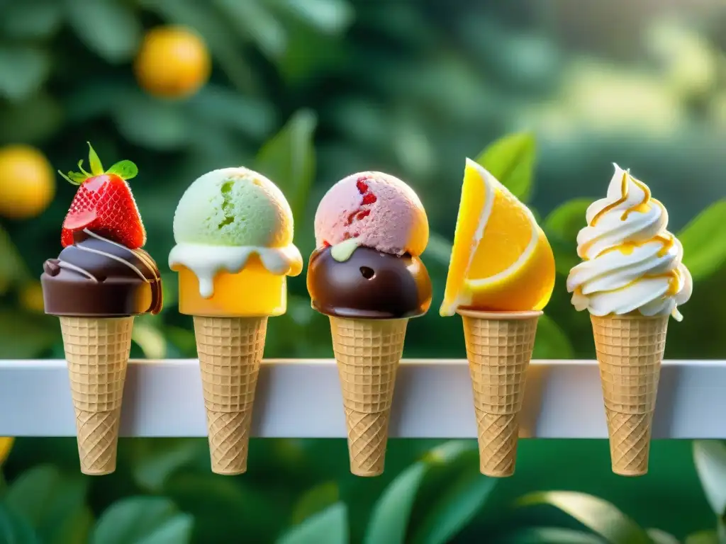 Deliciosos helados sin gluten en un jardín soleado con frutas frescas