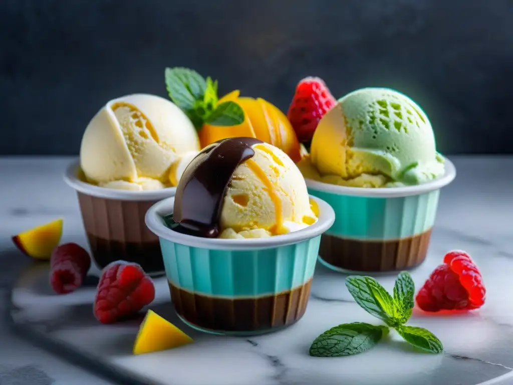 Deliciosos helados veganos sin gluten caseros en cuenco de cristal sobre encimera de mármol, con frutas frescas y salsa de chocolate