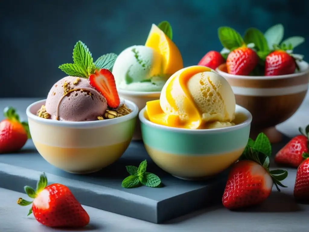 Deliciosos helados veganos sin gluten caseros en elegantes copas rodeados de frutas frescas y hierbabuena en una mesa de madera rústica