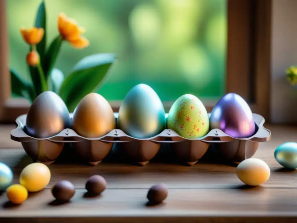 Deliciosos huevos de Pascua sin gluten y dulces decorados en una mesa rústica con flores de primavera