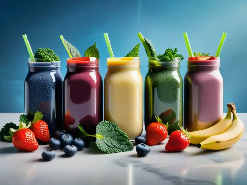 Ingredientes frescos para smoothies saludables Deliciosos ingredientes sin gluten para batidos saludables, sobre elegante encimera de mármol