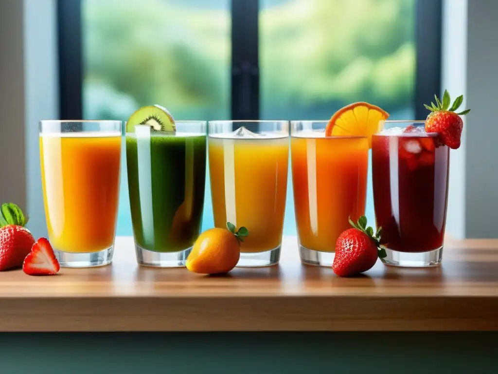 Deliciosos jugos naturales sin gluten en elegantes vasos, decorados con frutas vibrantes, sobre una encimera de madera