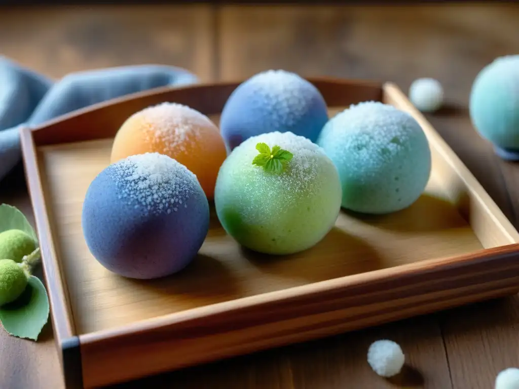 Deliciosos mochis sin gluten con colores vibrantes, textura suave y polvo de matcha, presentados en una bandeja japonesa