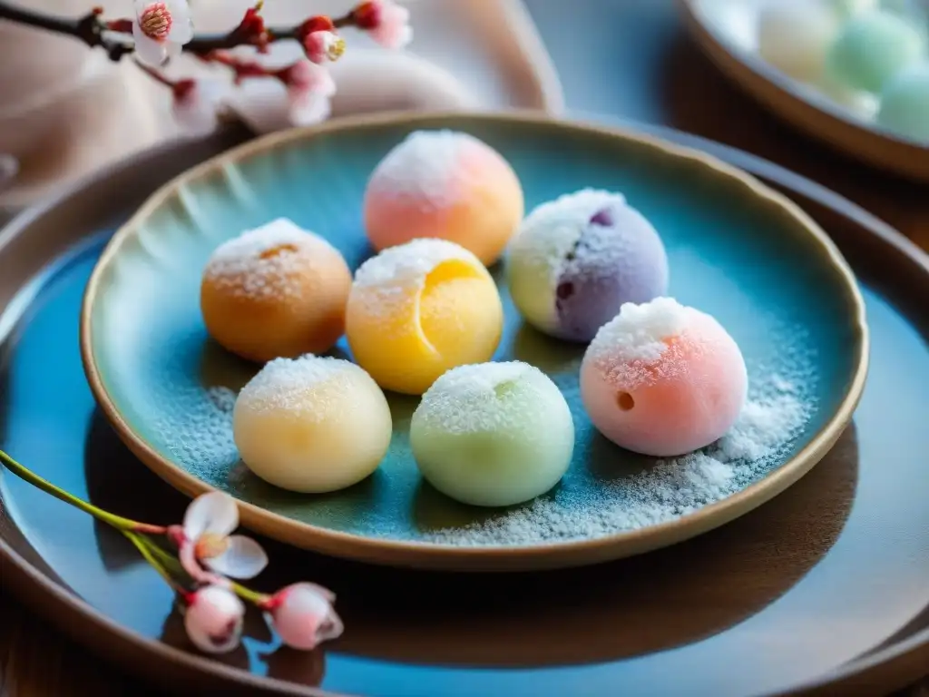 Deliciosos mochis recién hechos en tonos pastel sobre plato japonés, decorados con pétalos de cerezo y azúcar glas