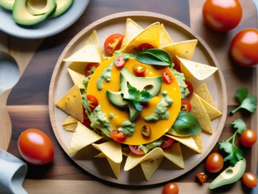 Deliciosos nachos sin gluten caseros dispuestos en círculo sobre tabla de madera