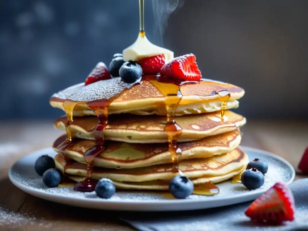 Deliciosos pancakes sin gluten receta fácil, esponjosos y dorados, bañados en sirope de arce y frutas frescas