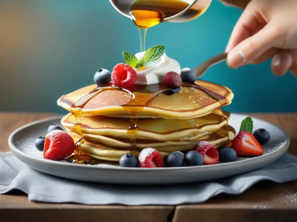 Deliciosos pancakes sin gluten receta fácil, con bayas frescas, jarabe de arce y azúcar glass, servidos en plato de madera