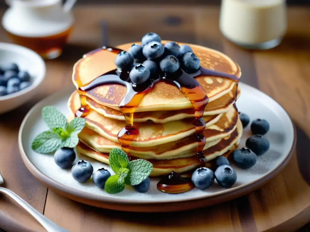 Deliciosos pancakes sin gluten con arándanos y sirope de arce en plato rústico de madera, decorados con menta fresca