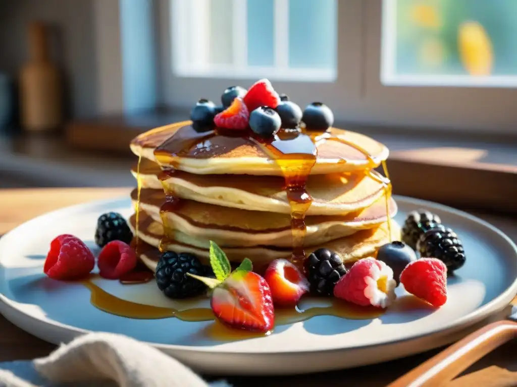 Deliciosos pancakes sin gluten con bayas frescas y jarabe de arce dorado, en una cocina acogedora