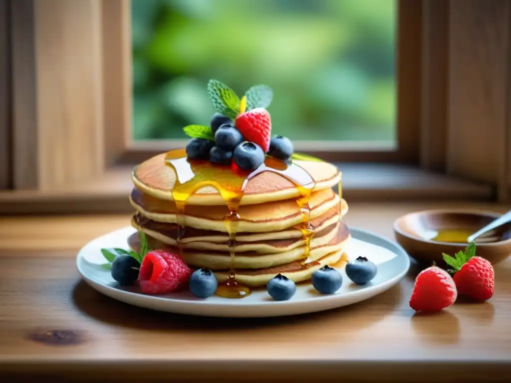 Deliciosos pancakes sin gluten con bayas frescas y jarabe de arce, ideas pancakes y waffles sin gluten