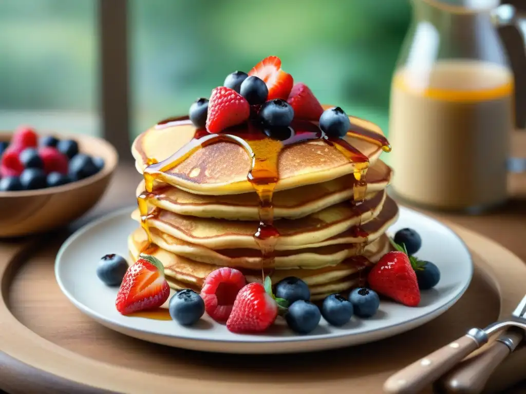 Deliciosos pancakes sin gluten con bayas frescas y sirope de arce, creando una composición visualmente impresionante